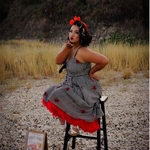 Unique vintage, black gingham with roses dress